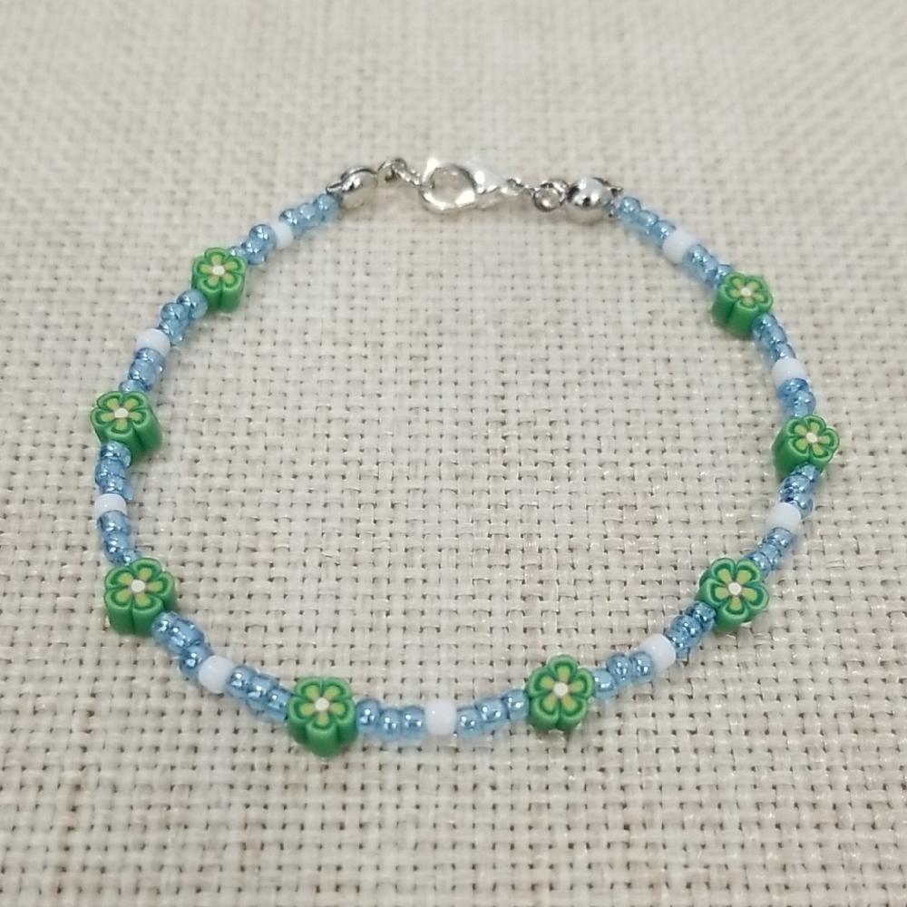 Green and Blue Flower Beaded Bracelet